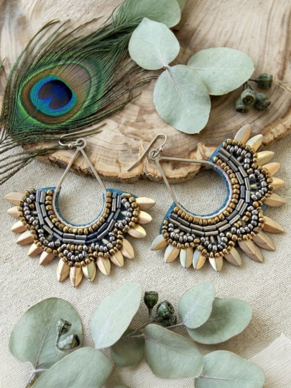 Indian Artisan Beaded Fan Drop Earrings Brass Velvet Boho Festival Statement